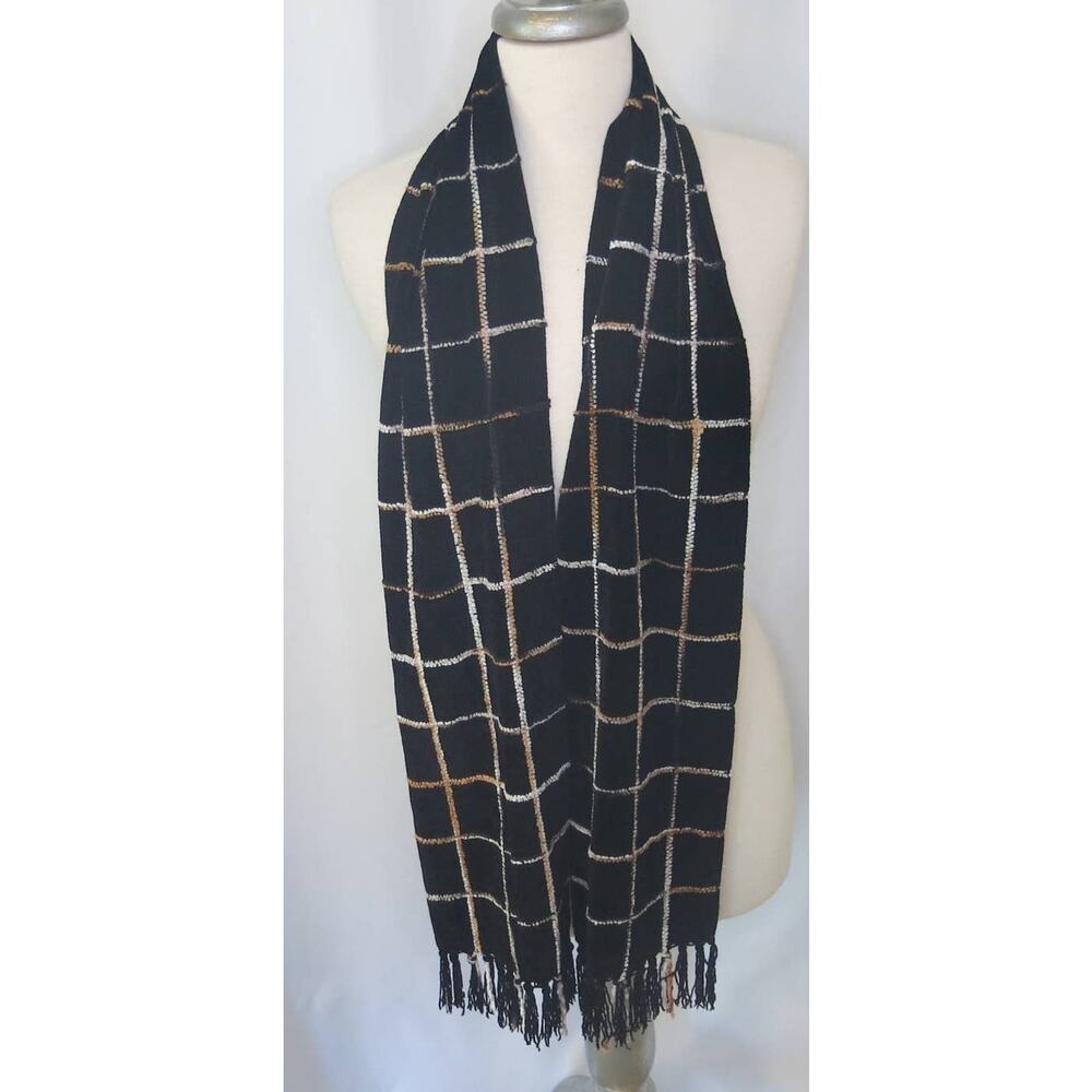 SCARF Checked Fringe Chenille Black Beige Light Weight Soft Fall Winter 68"